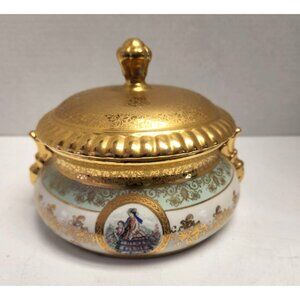Vintage 50’s 24kt Gold Lidded Hand Painted Porcelain Candy Nut Trinket Dish Bowl